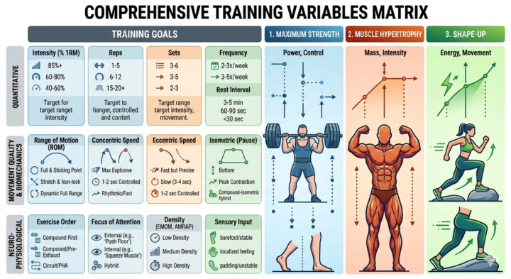 シェイプアップ、筋肥大、筋力向上トレーニングの変数と目的別アプローチの画像